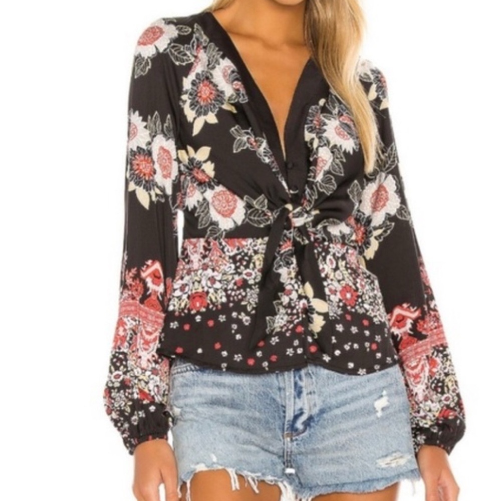Free People Black and Red Floral Blouse - Picture 2 of 8